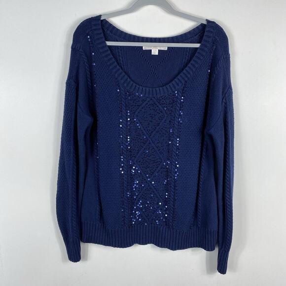 Boston Proper Size Medium Cable Knit Sequin Embellished Sweater Navy Blue - Picture 1 of 5